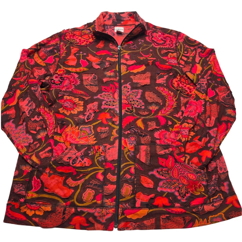 Chico's Red Floral Beaded Applique Full Zip Jacket Cotton Size 3 XL